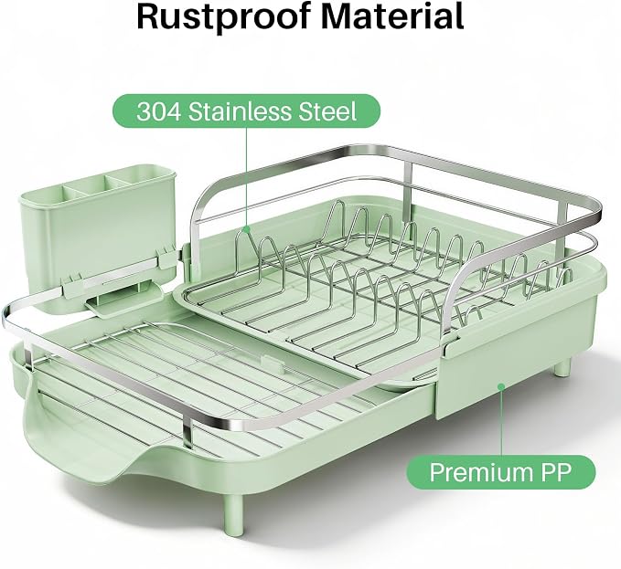 SNTD Dish Drying Rack, Expandable Dish Rack for Kitchen Counter, Stainless Steel Dish Drainer with Drainboard Set and Utensil Holder (Green)