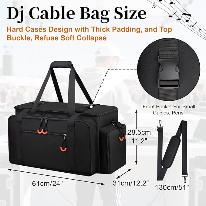 Large Dj Cable Bag with Laptop and Microphone Pocket, Dj Bag for Equipment and Music Accessories with Detachable Dividers, Bottom Pad, Dj Gig Bags for Musicians, Professional, Travel, Orange