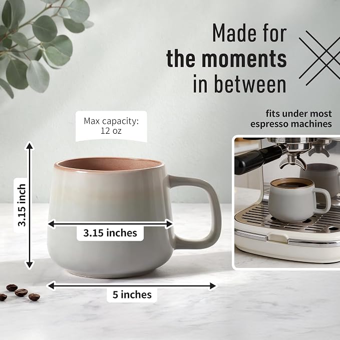 Ava Nord Stoneware Ceramic Coffee Mugs Set of 4 | 12 oz | Sage Ash | Lead-Free, Non-Toxic, Freezer - Microwave & Dishwasher Safe, Comfortable Handle, Aesthetic Nordic Design for Cappuccino