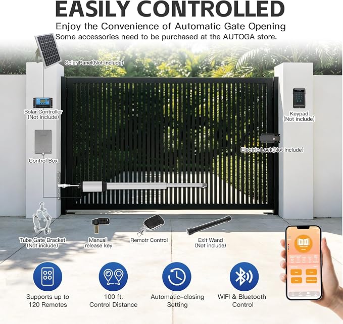 C05 Automatic Smart Gate Opener Kit with APP for Medium Duty Single Swing Gate Up to 770lbs 16FT, 24V 60W AC Powered Motor Electric Driveway Gate Opener with 2 Long-Range Remotes Complete Kit