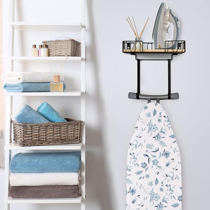 TJ.MOREE Ironing Board Hanger Metal Wall Mount Iron and Ironing Board Holder, Laundry Room Decor and Storage with Large Storage Black Wooden Base Basket and Removable Hooks