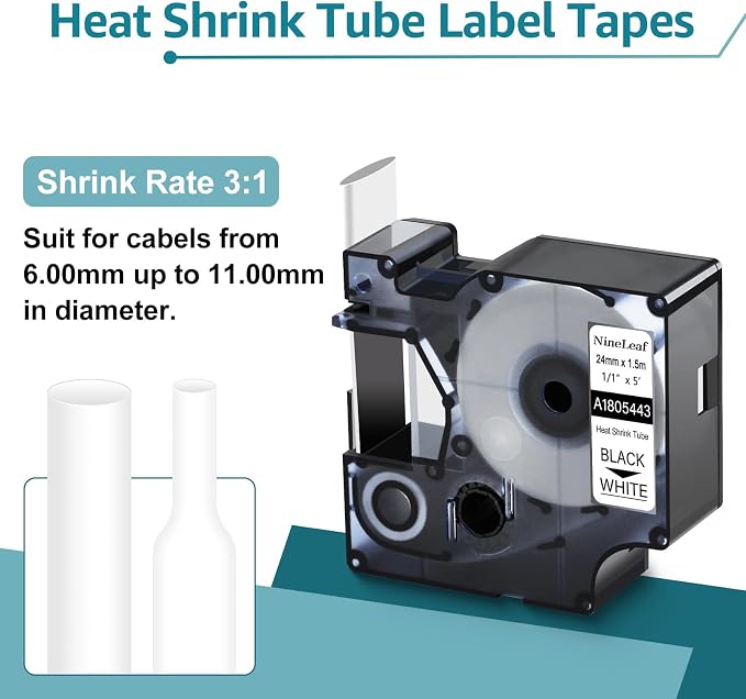 NineLeaf 5 Pack Compatible Labels Tape Replacement for Dymo 1805443 1 inch Black on White Heat Shrink Tube Labels 24mm x 1.5m for Wires and Cables Use in Rhino 6000 6500 Label Maker