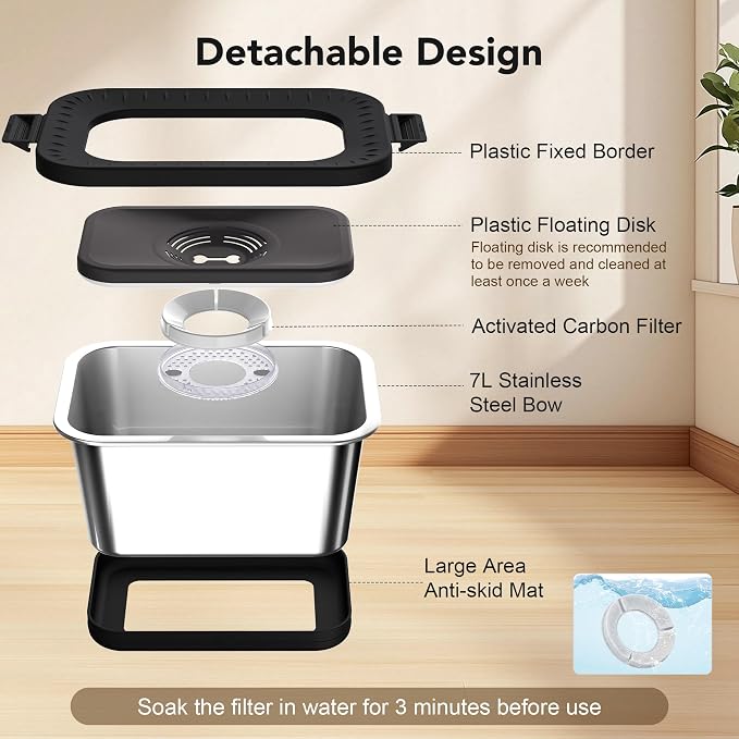 Decflow 7L Stainless Steel Dog Water Bowl, No Spill Anti-Splash Dog Bowls with Anti-Skid Mat, Spill-Proof Slow Feeder for Messy Drinkers, Heavy Duty Pet Bowls for Indoor/Outdoor Use Black