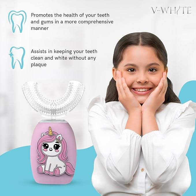 V-WHITE Kids Auto Brush Ultrasonic U-Shaped Toothbrush – 360° Teeth Cleaning, Hands-Free Electric Autobrush for Kids – Gum Protection, Waterproof IPX7, Wireless Charging (Pink)