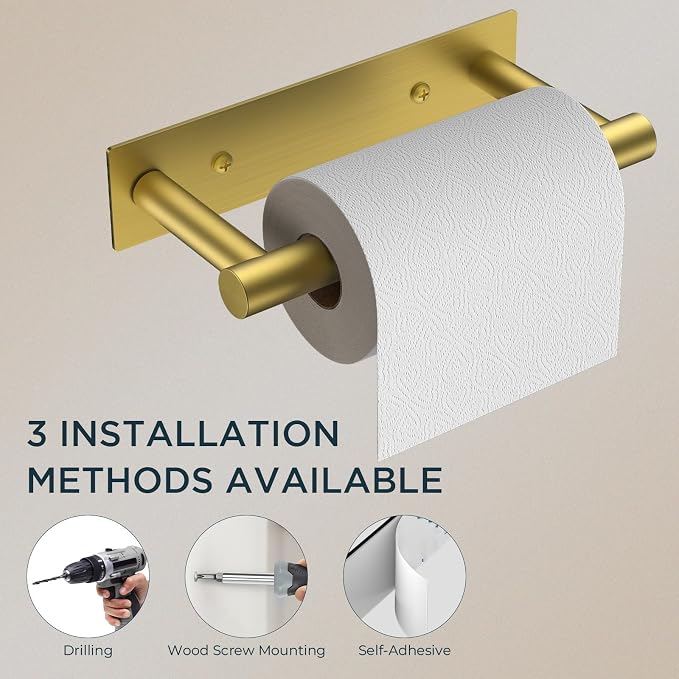 FORIOUS Toilet Paper Holder, Adhesive or Screw Wall Mount Pivoting Tissue Roll Holder, Stainless Steel Self Adhesive Toilet Paper Roll Holder no Drilling (Brushed Gold, Square)