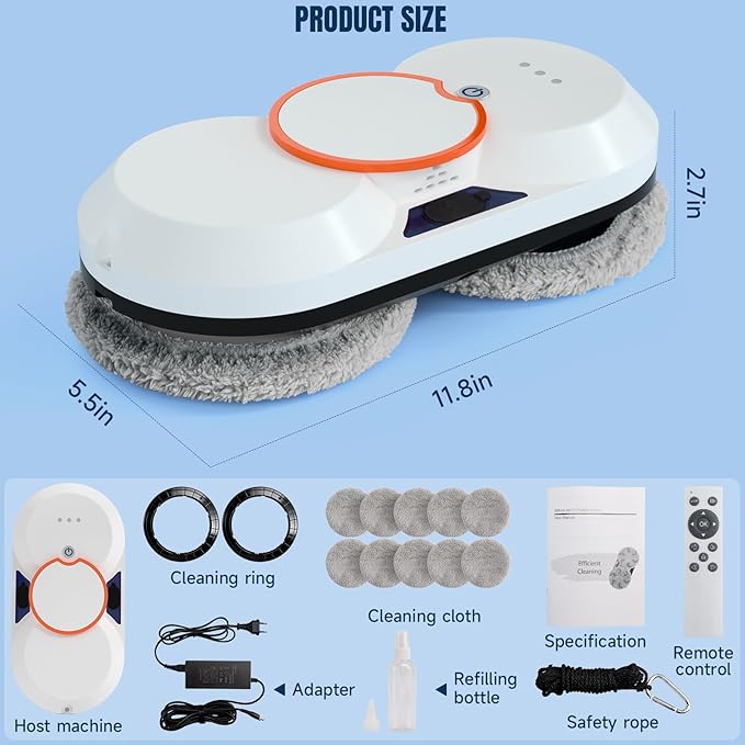 Smart Window Cleaning Robot - 5600Pa Suction Power, Double Ultrasonic Spray, 2 30ml Tanks, Smart Navigation, Anti-Drop, Remote Control, 3 Cleaning Modes for High Window Tile Mirror Glass Door