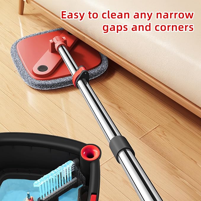 Spin Mop and Bucket Set with Self Separation Dirty and Clean Water System with 14 Pads, Square Mop Bucket Self Wringing 360° Rotating Clean Mop-Head for Hardwood Tile Marble Floors (Black+Red