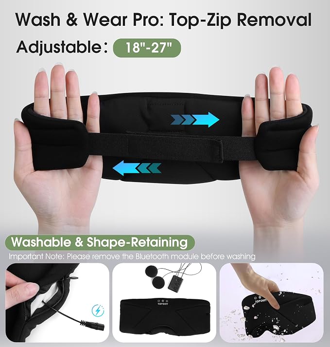 Sleep Mask with Headphones Bluetooth 5.4, TOPOINT Blackout Eye Mask for Sleeping Headphones Earphones with Soft Bamboo Cotton Cooling Breathable, Speaker for Side Sleepers Women Men Travel, Black
