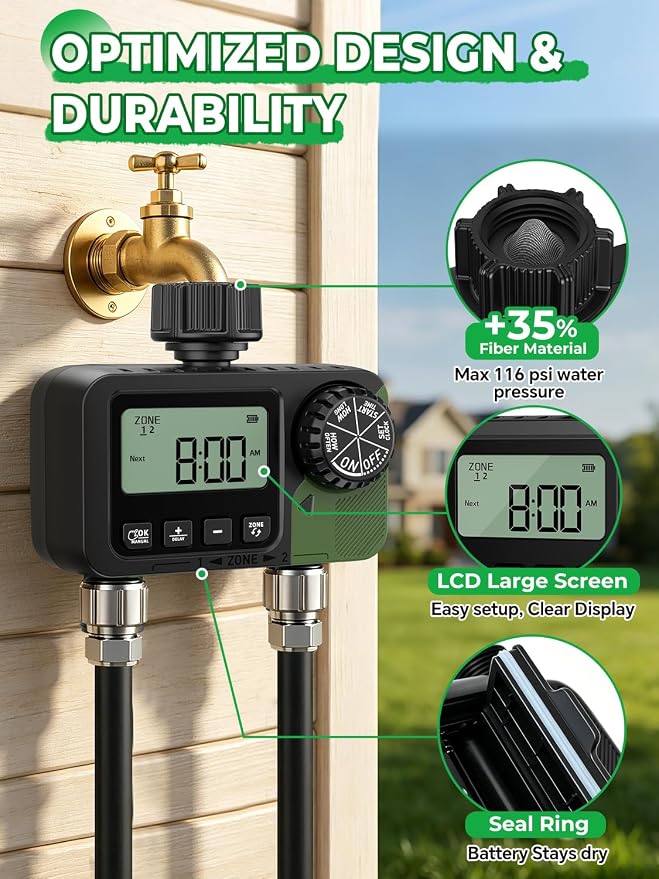 Sprinkler Timer 2 Outlets, Programmable Water Hose Timer with Rain Delay/Manual/Automatic Watering System, Outdoor Digital Auto Irrigation for Garden Yard Lawn with Large Display(Black+Olive Green)