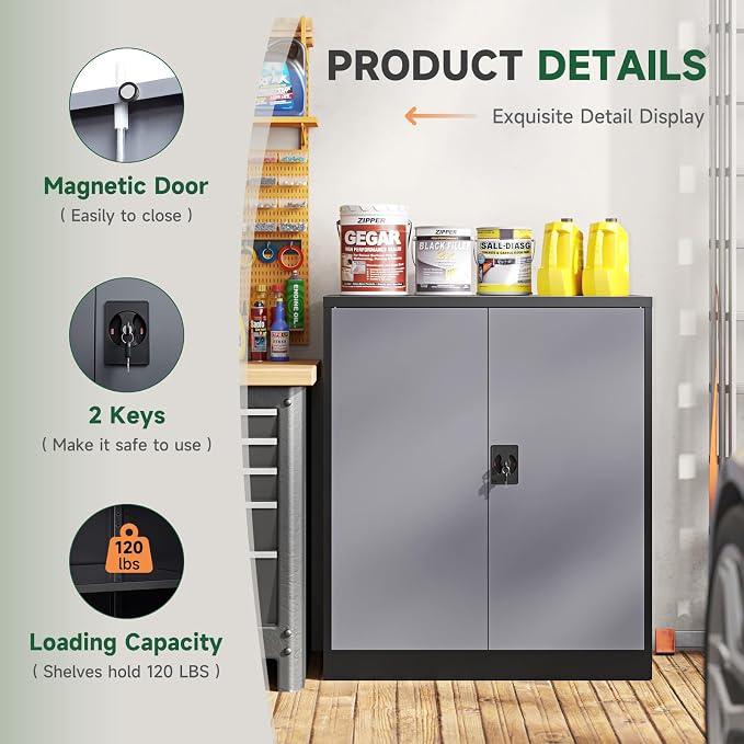Metal Storage Cabinets with Lock Door,2 Adjustable Shelves Organizer Steel Storage Cabinets for Home,Office,Warehouse,Garage,Employee Lockers(Black Gray)