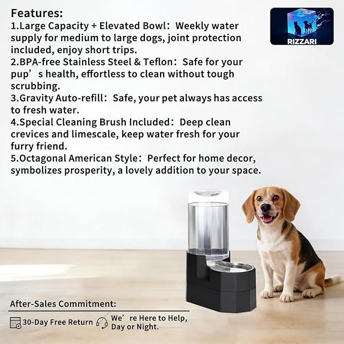 Sfozstra 8L Raised Pet Water Dispenser: Large Breed Comfort | Gravity Fed /304 Stainless Steel Bowl/No Filter Replacement/ Spill Resistant Base /Dishwasher Safe / Kitchen Living Room Use