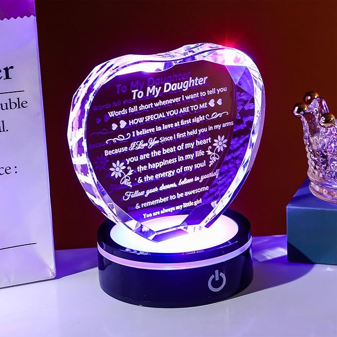 YWHL Daughter Gifts from Mom Dad Best Birthday Graduation Gifts Ideas for Adult Daughter Crystal Keepsake Present with Light Base Gift for Daughters on Christmas Valentines Mothers Day