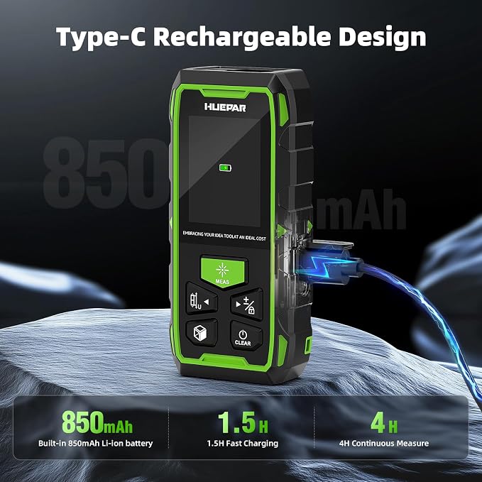 Huepar Dual Laser Measuring Tool, 656Ft Green-Beam Bilateral Digital Laser Distance Measure 6 Units Ft/in/M, Rechargeable Laser Measurement Tool -Backlit LCD Display, Length/Area/Volume/Angle Sensor