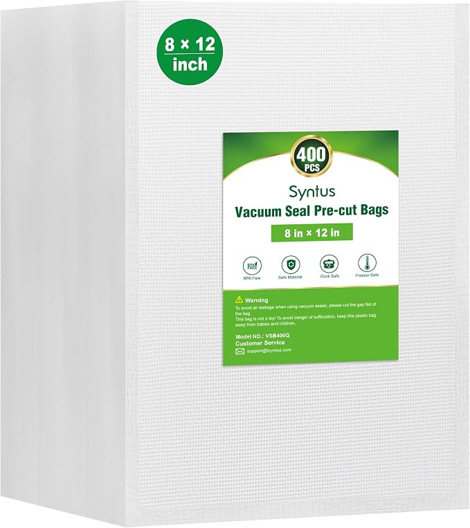Syntus 400 Pcs Vacuum Sealer Bags for Food, Quart Size 8x12, BPA Free | Precut Bags, Sous Vide Microwave Freezer Safe, Meal Prep, Food Vacuum Storage, For All Vacuum Sealers