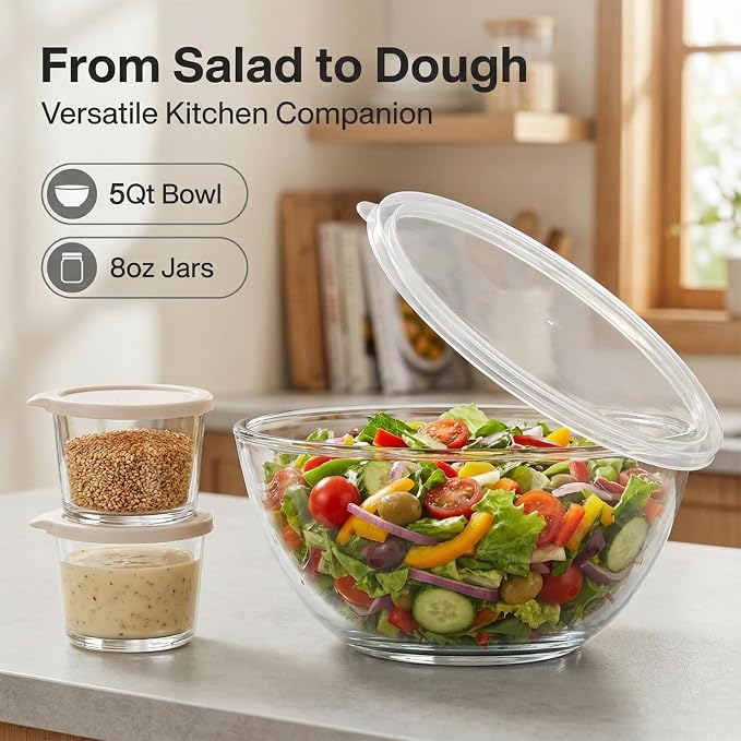 Large Glass Bowl for Sourdough Bread Making with Lid, 5Quart Deep Big Glass Bowl Large Salad Bowl with 8oz Small Bowls (clear)