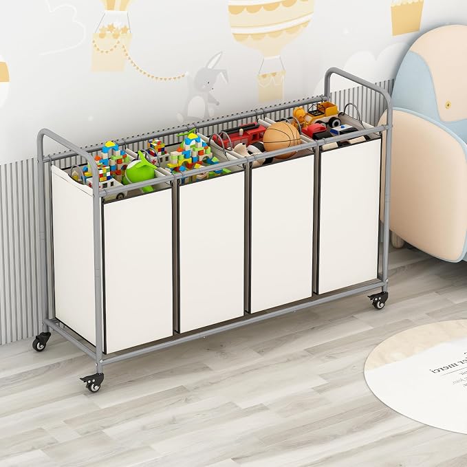LINZINAR 4 Section Laundry Hamper, Beige Laundry Basket 180L Laundry Sorter | Laundry Room Organization with Heavy Duty Rolling Lockable Wheels and Removable Bag, Bedroom Laundry Cart for Clothes Storage