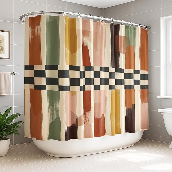 Brush Patterns Extra Wide Shower Curtain, Modern Abstract Checkered Stripes Fall Earth Tones Polyester Waterproof Toile Cloth Shower Curtains Decor for Toile Bathroom Dorm 108x72 Inch