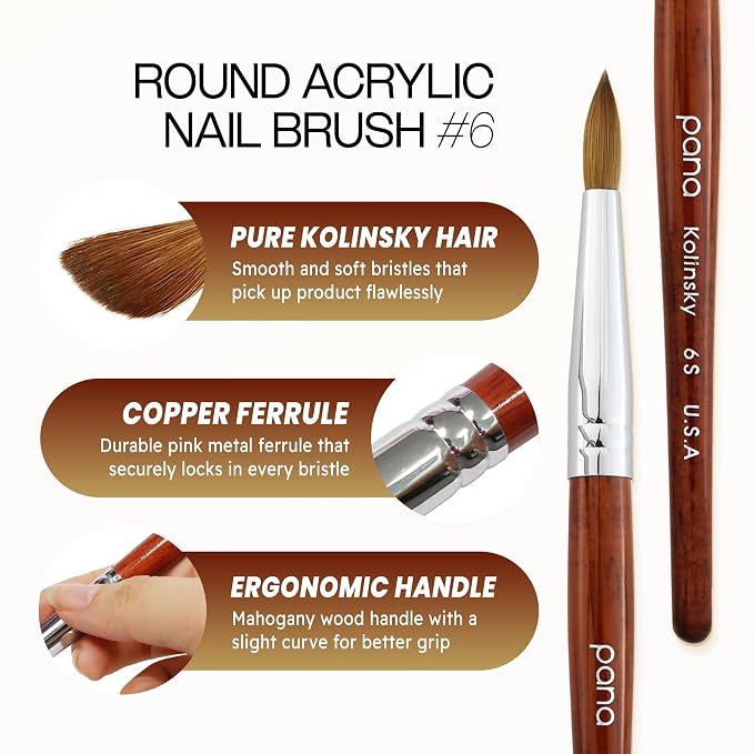 pana USA Acrylic Nail Brush100% Pure Kolinsky Hair Mahogany Wood Handle with Silver Ferrule Round Shaped Style (Size # 6, Mahogany)