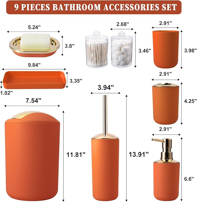 BSSN Orange Bathroom Accessories Set, Luxurious 9-Piece Bath Decor Set with Trash Can, Toilet Brush, Gold Pump Soap Dispenser, Multi-Slot Toothbrush Holder, Qtip Jars, Vanity Tray and Tumbler Cup