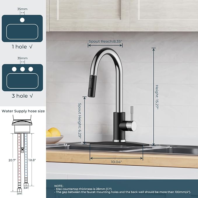 FORIOUS Kitchen Faucet with Pull Down Sprayer, High Arc Modern Classic Sink Faucet Stainless Steel with Deck Plate Fit for 1 or 3 Hole for Pot Filler Bar Farmhouse Laundry Rv, Black Chrome