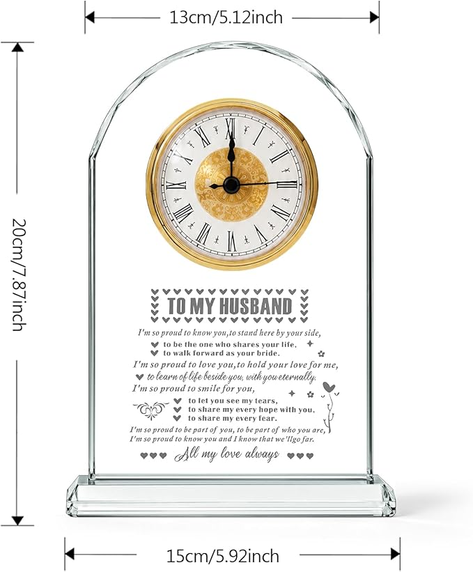 Crystal Glass Clock Gifts for Husband from Wife Romantic Birthday Home Decorations Wedding Anniversary Valentines Day Fathers Day Gift (Battery not Included)