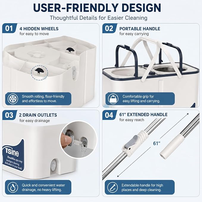 Gen 1 Large-Capacity Spin Mop and Bucket – for Big Homes & Deep Cleaning Days,4-Chamber System Separates Dirty & Clean Water, 2-GAL Heavy-Duty Design with Wheels & 8 Refill Mop Heads - White/Blue
