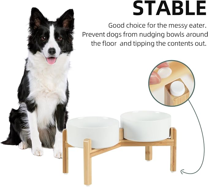 Havniva Dog Bowls Elevated, Ceramic Dog Food and Water Bowl Set | 7.3” Raised Dog Food Bowl, Elevated Dog Bowls with Bamboo Stand, Non-Slip Dog Water Bowl for Medium Dog, Large Capacity