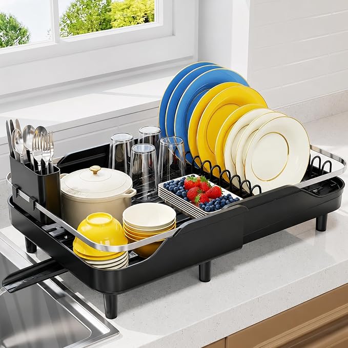 Urackify Expandable Dish Drying Rack for Kitchen Counter, 16.2-23.7", Black | Adjustable Capacity, Countertop-Stay-Dry Drainboard, Stable Plate Rack, Spave Saving for Apartment, RV, Dorms