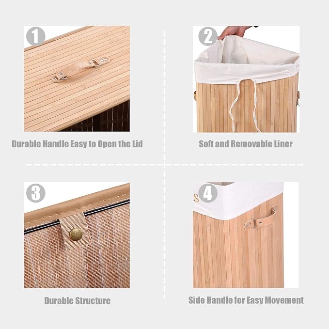 Byroce Bamboo Laundry Basket, Collapsible Laundry Hamper with Lid, Removable Liner & Handles, Dirty Clothes Toys Storage Bin for Laundry Room, Bedroom, Bathroom (Beige)