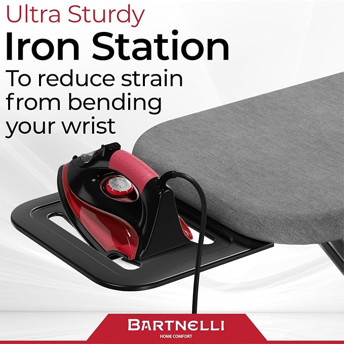 Bartnelli by Rorets Ironing Board Made in Europe | Iron Board with 4 Layered Cover & Pad, Height Adjustable up to 36" Features A Safety Iron Rest, 4 Steel Legs, for Laundry Room or Dorm Use (43x13)