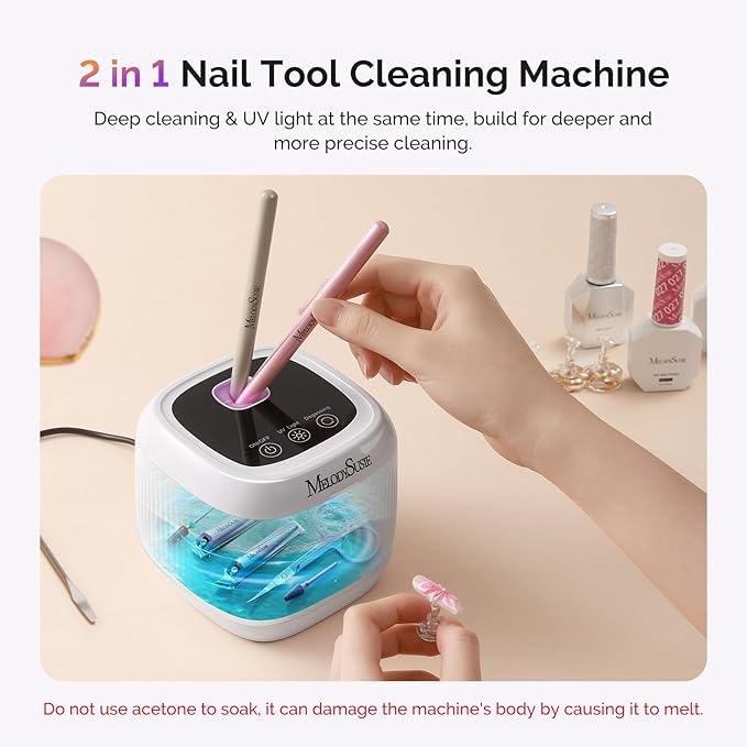 MelodySusie 2 in 1 Nail Tool Cleaning Machine, 3 Timers Mode for Nail Drill Bits, Nail Art Brush, Nail Clipper, Jewelry Cleaning, Salon & Home Use, White,DL-160