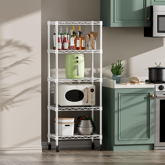 SINGAYE 5 Shelves Storage Shelf Wire Shelving Unit Metal Adjustable Wheels | Small Shelf Storage with Wheels Organizers Closet Unit for Bathroom Laundry Room Kitchen Pantry11.5D x 17.5W x 57H White