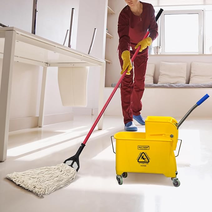 Matthew Cleaning 22 Quart Compact Mop Bucket INCL.2 Pack Mop Head with Side Press Wringer On Wheels,Tandem Portable Floor Cleaning Wavebrake,Ideal for Household,Industrial,Restaurant,Janitorial Use