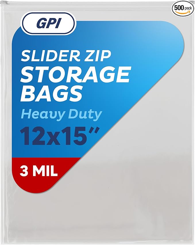 500 Count - Slider Zip Jumbo Food Storage Bags, 12" x 15" 3 Mil Heavy Duty, Extra Large, Strong & Durable For Freezer Storage. GPI