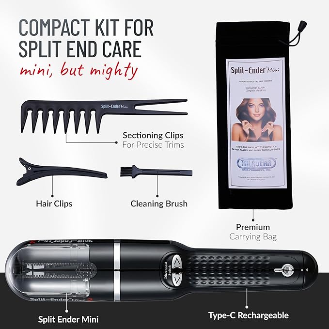 Split-Ender Mini 2 – Original Cordless Split End Hair Trimmer for Dry, Damaged, Brittle, Curly, Frizzy, or Straight Hair – Rechargeable Hair Clipper, Home Styling Tool for Split Ends (Black)