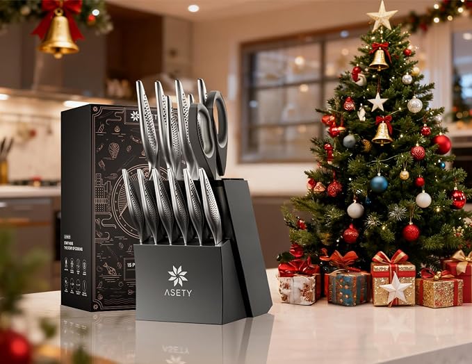 ASETY Knife Block Set, 15 PCS Knives Set for Kitchen, Stainless Steel | Ultra Sharp Kitchen Knife, Full Tang One-Piece Knife Set with Built-in Sharpener, Ergonomic Non-Slip Handle, Elegant Box