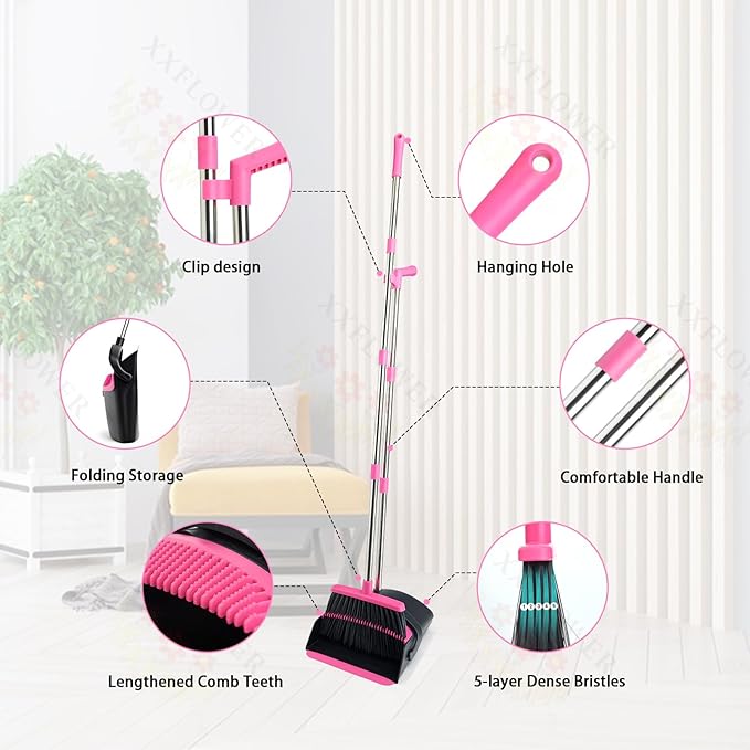 Broom and Dustpan Set, Long Handle Lightweight Dustpans with Broom Combo for Home, Indoor&Outdoor Sweeping for Home Room Kitchen Office Lobby (Black Pink)