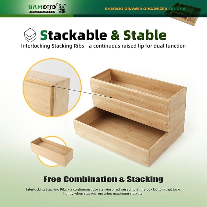 BAMOTTO CRAFTBAMBOO Stack Bamboo Drawer Organizer Set of 5, Kitchen Utensil, Flatware&Silverware Organizer-Wood Laminated Stackable for Kitchen, Bedroom, 13.4''x4.5''*2+10.2''x3.3''*2+10.2''x6.7''*1