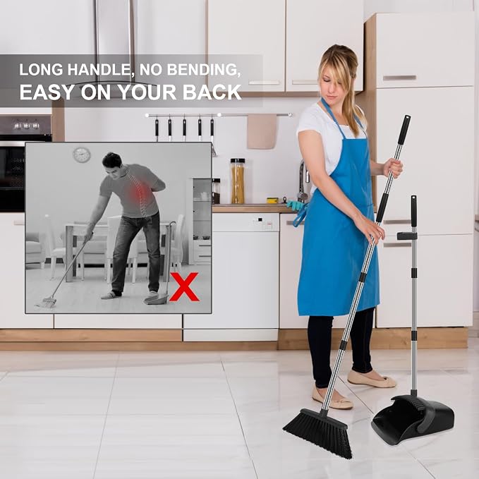 Broom and Dustpan Set, Heavy Duty Large Household Broom with Dustpan Combo Set, 55" Long Handle Black Dust Pan Kit for Kitchen Lobby Indoor Outdoor