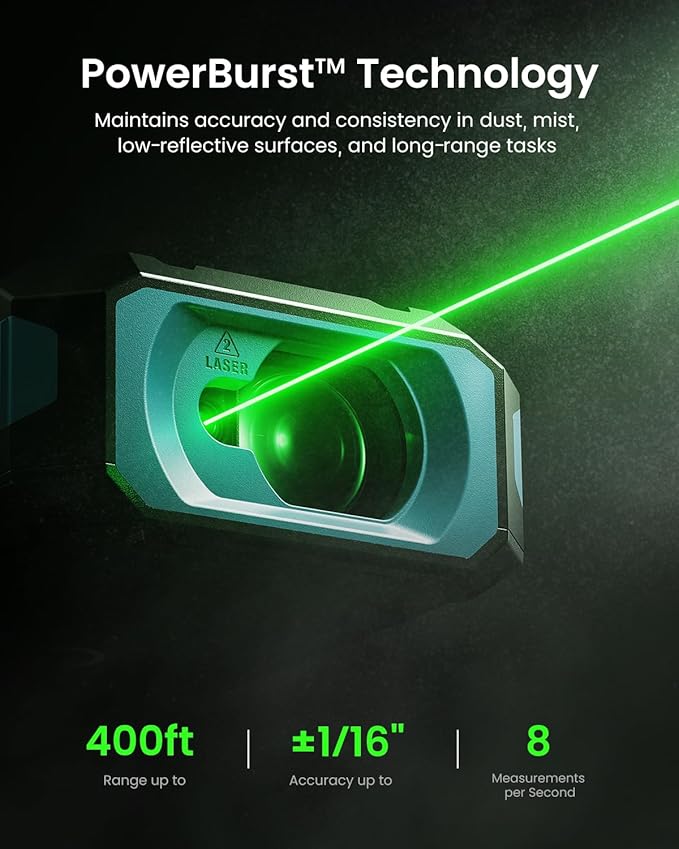 MILESEEY S50 Green-Beam Laser Distance Measure - 400ft Laser Measure, P2P, Side-Laser Alignment, Rechargeable, 2.4" IPS Backlit Display, Area/Volume Measurement, 8 Units, Indoor&Outdoor
