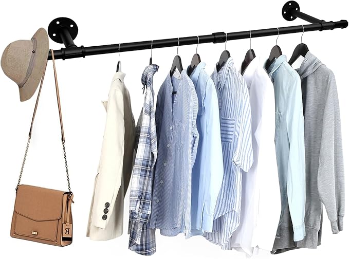 Oroonoko Wall Mounted Clothes Rack, Closet Rod Drying Rack, 36inch, Black | Industrial Pipe Rack, Iron, Max Load 132lbs, For Laundry Room and Balcony, Space Saving, Easy to Install, Plants hanging