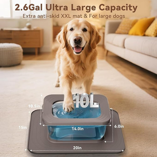 10L No Spill Dog Water Bowl Stainless Steel for Messy Drinkers | Large Capacity Slobber Stopper, Slow Drinking Anti Splash Design, XXL Silicone Mat, For Large Dogs & Multi-pet Homes, Grey