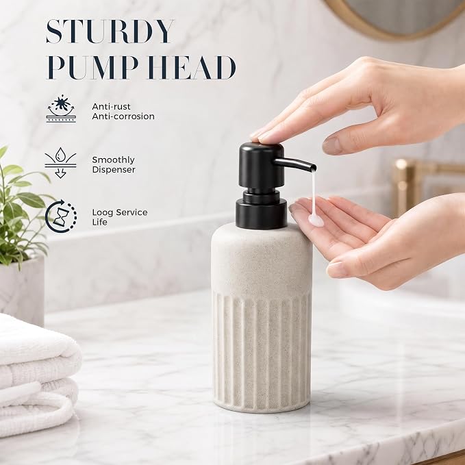INIUNIK Bathroom Accessory Set, 6 Pieces, Beige | Resin, Bathroom Accessories Set, with Soap Dispenser Set, Toothbrush Holders, Tumbler, Vanity Tray & 2 Qtip Holder