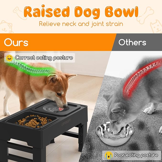 URPOWER 2-in-1 Elevated Slow Feeder Dog Bowls with No-Spill Water Bowl | 4 Height-Adjustable Raised Dog Bowls, Non-Slip Food and Water Bowls with Stand for Small, Medium, Large Dogs, Cats and Pets
