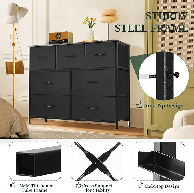 7-Drawer Dresser for Bedroom, Anti-Tip Wide Storage Organizer Fabric Chest of Drawers TV Stand for 45" TV with Wooden Top and Metal Frame for Closet, Living Room, Hallway, Entryway, Black