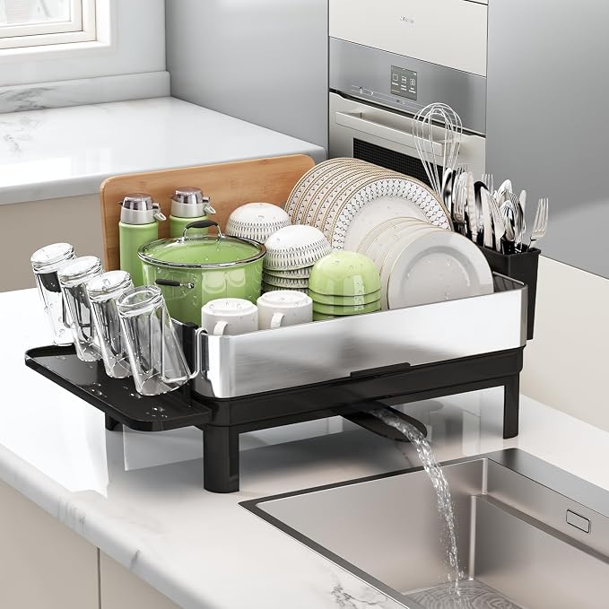 1 Tier Large Stainless Steel Dish Drying Rack with Drain Board | Space Saving, Rust Proof Metal, Automatic Drainage Drainer for Kitchen Counter, Modern Black and Silver for Pots and Pans