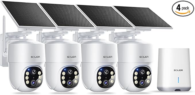 SOLIOM- 5MP Security Cameras Wireless Outdoor, No Subscription & Solar Powered,4-Cam Pack Cameras for Home Security with 360° Auto Motion Tracking, 3K Color Night Vision,5G & 2.4G Router Compatible