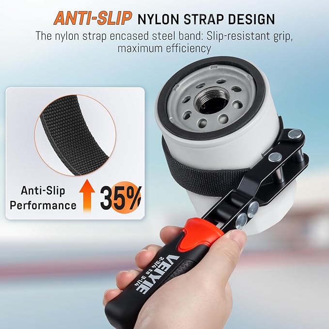 Small Oil Filter Wrench, Oil Filter Removal Tool Fits Filters 2-3/4" to 3-1/4", with Nylon Anti-Slip Strap & 180° Swivel Head, Steel Band Filter Wrench for Compact Car Motorcycle Oil Change