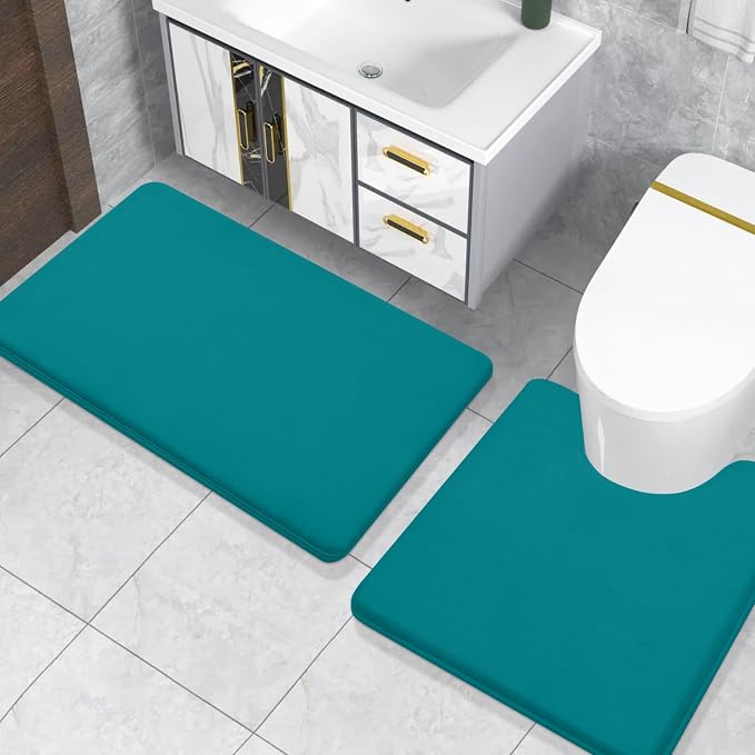 Smiry Memory Foam Toilet Rugs U-Shaped 24x20, Extra Soft Absorbent Non-Slip Contour Bathroom Rugs, Machine Washable Bath Mats for Toilet, Teal