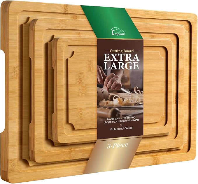Extra Large Cutting Board Set of 3, Bamboo Cutting Boards for Kitchen with Juice Groove and Handles Kitchen Chopping Board for Meat Cheese board Heavy Duty Serving Tray, Empune